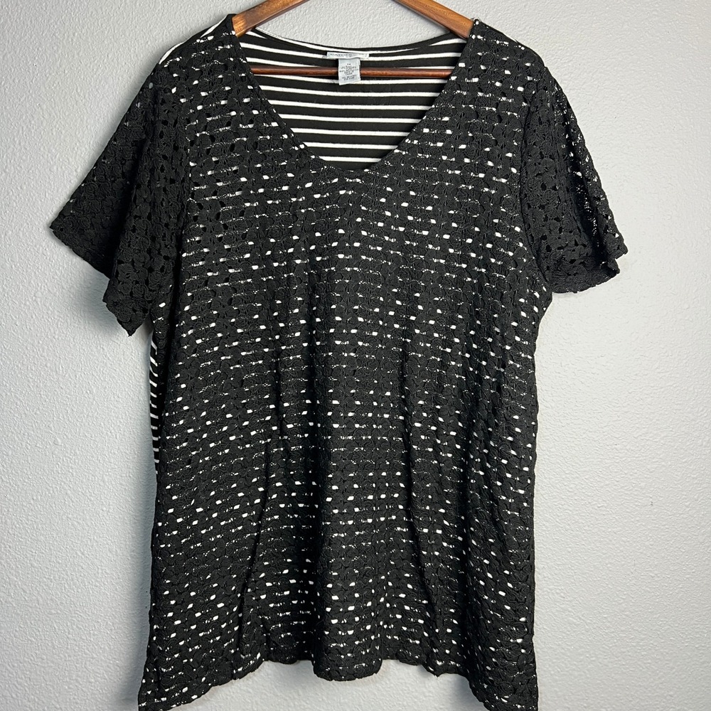 Catherines Lace Mixed Media Crocheted Top Striped V Neck Short SL Blouse Size 1X